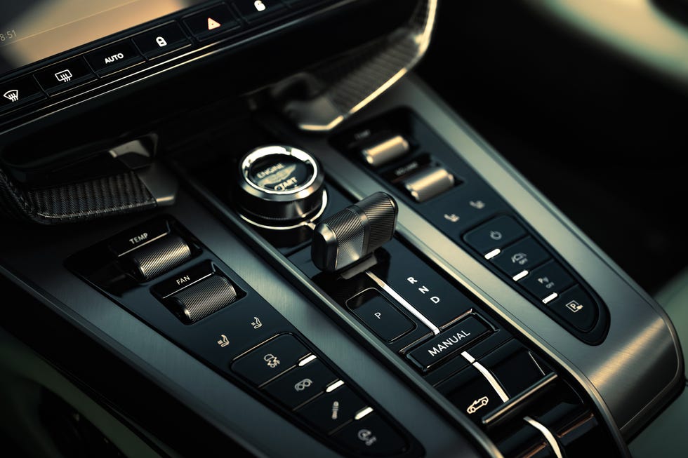Aston Martin Vanquish Volante Rent Dubai gear view | Imperial Premium Rent a Car